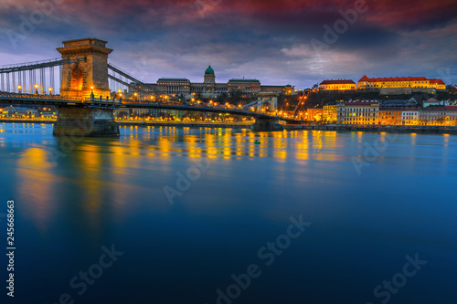 Wonderful Chain bridge and Buda castle at sunrise, Budapest, Hungary