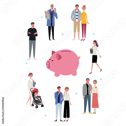  ぶた貯金箱　イラスト　人々　大勢