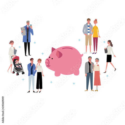  ぶた貯金箱　イラスト　人々　大勢
