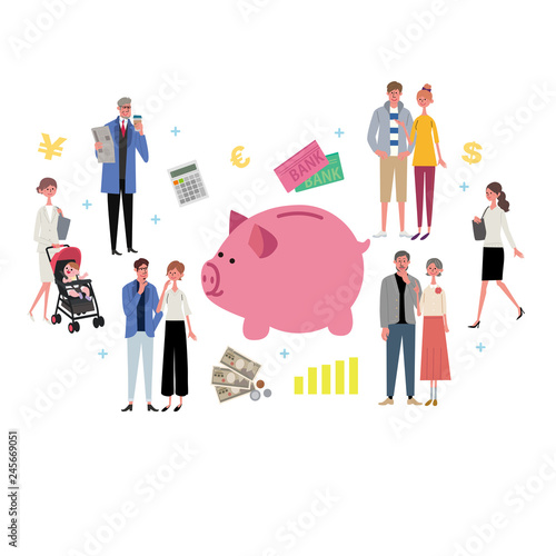  ぶた貯金箱　イラスト　人々　大勢