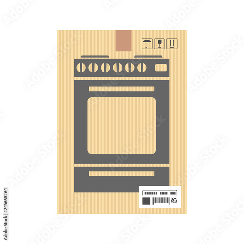 Mock up of gas stove in carton box. Moving and delivery services. Vector illustration