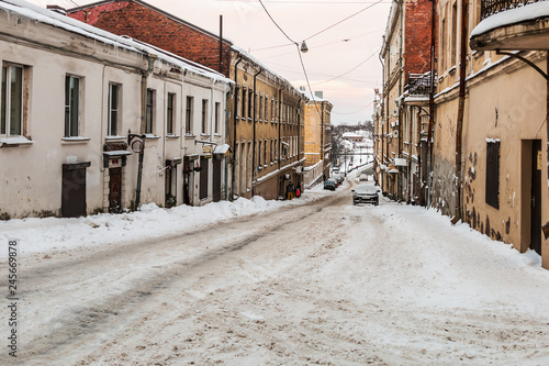 Vyborg, Russia - January 5, 2019: ancient snow-covered streets of the city. Winter cityscape of the old town of Vyborg