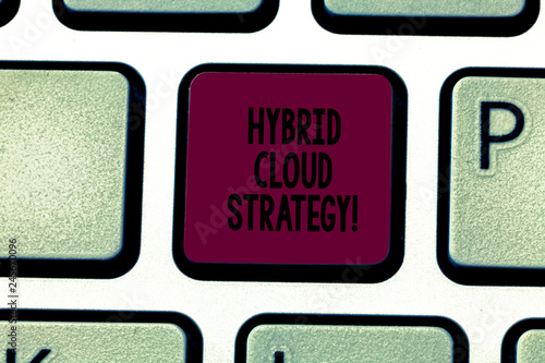 Writing note showing Hybrid Cloud Strategy. Business photo showcasing Cloud computing setting that uses a mix of onpremises Keyboard key Intention to create computer message pressing keypad idea photo