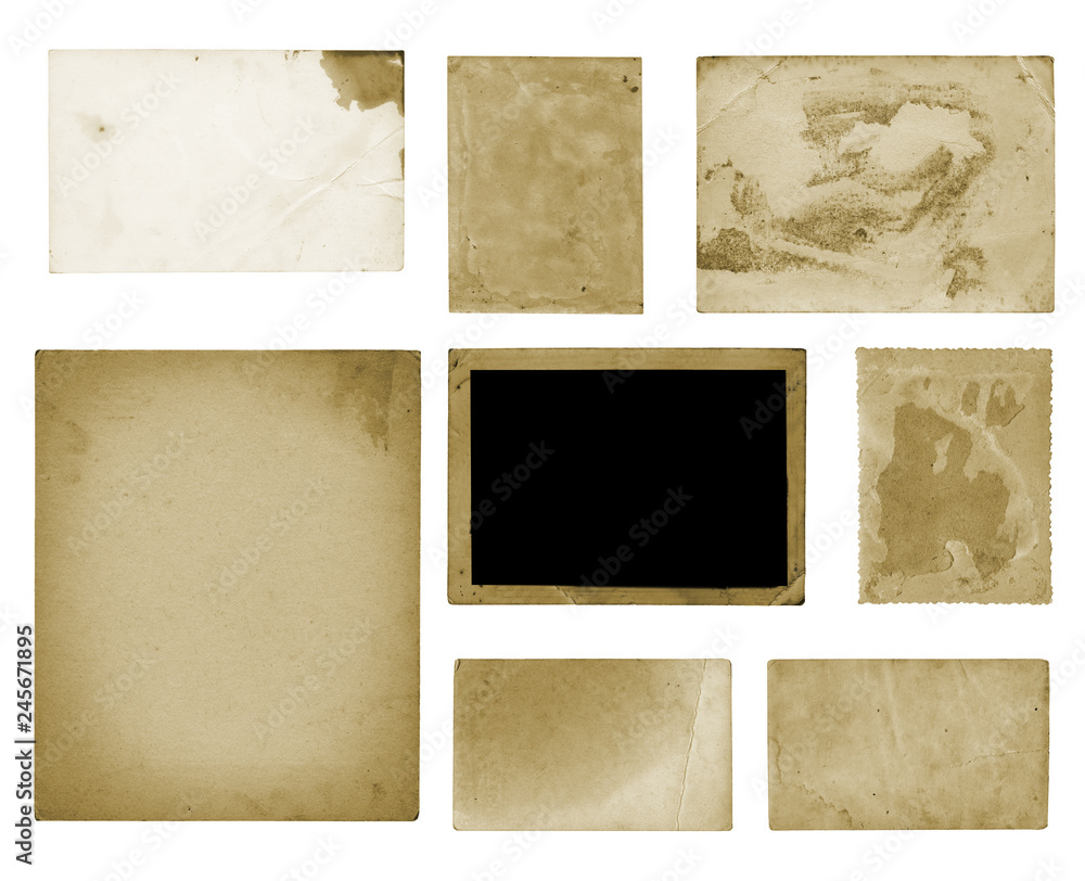 Set of old vintage dirty photo postcards on isolated background