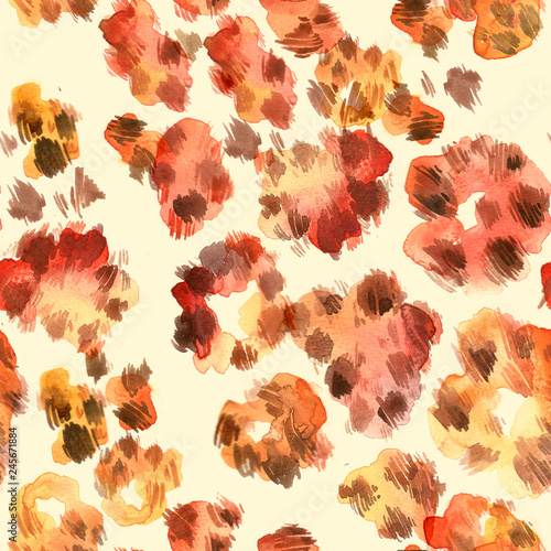 Leopard coloured skin seamless pattern. Watercolor hand drawn illustration.