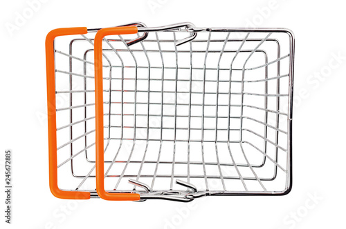 One empty market basket made from chrome metal wire and orange rubber handle isolated on white background. Top view
