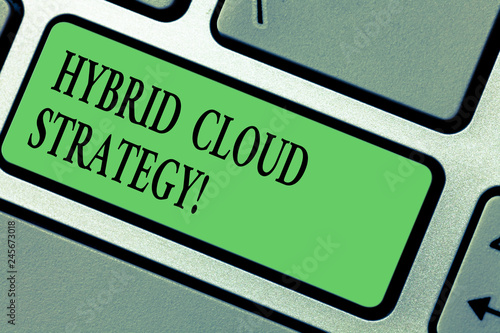 Handwriting text writing Hybrid Cloud Strategy. Concept meaning Cloud computing setting that uses a mix of onpremises Keyboard key Intention to create computer message pressing keypad idea photo