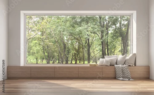 Fototapeta Siedzenie w oknie bocznym renderowania 3d. Jest biały pokój, drewniane siedzenie, udekorowane wieloma poduszkami. Są duże okna z widokiem na przyrodę.