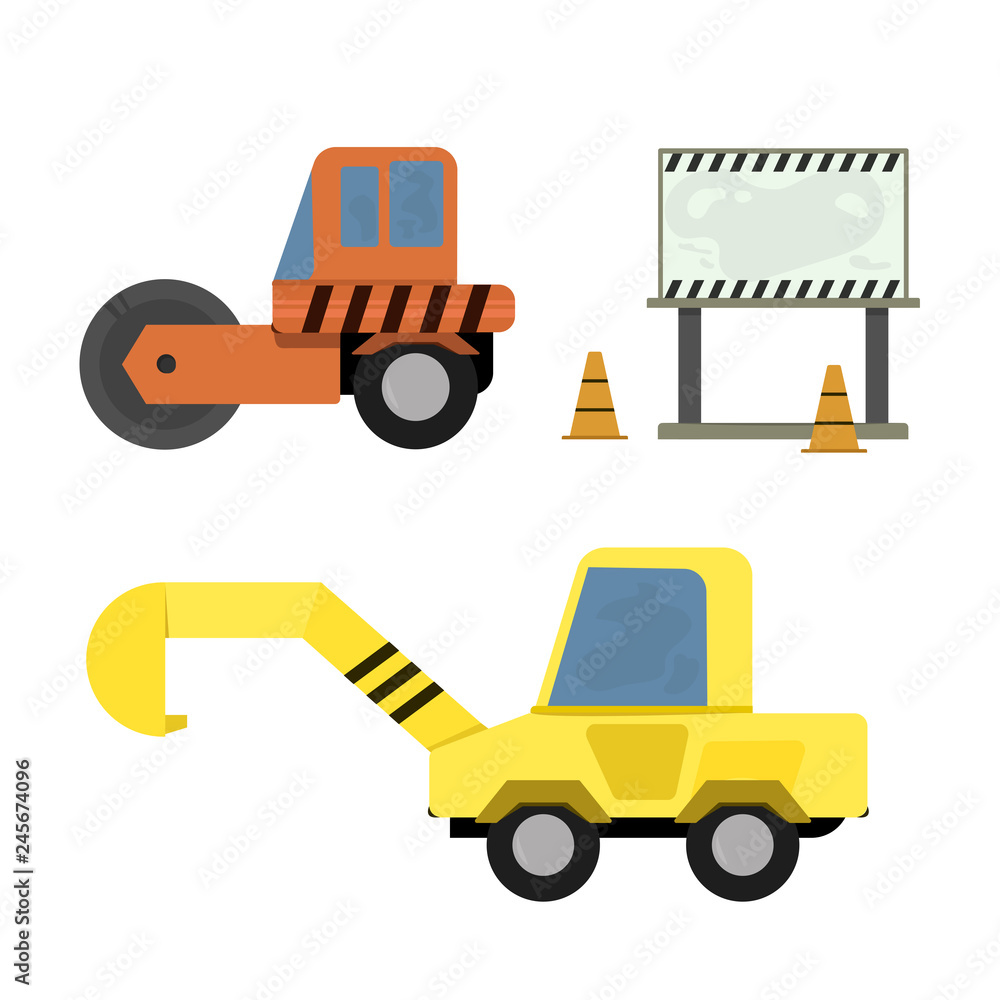 Heavy machinery and billboard sign. Construction concept. Isolated vector illustration set.