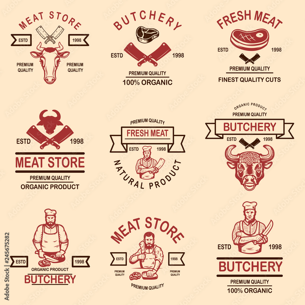 Set of meat store, butchery emblems. Design element for logo, label, sign, poster, banner. V