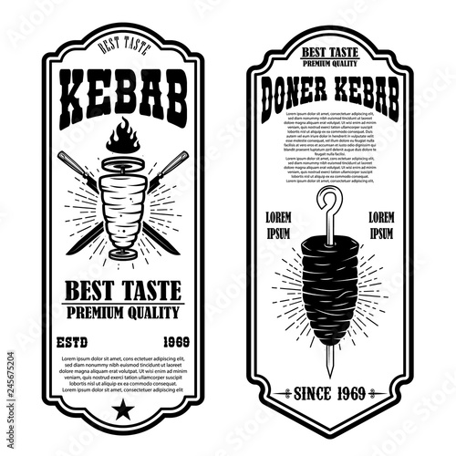 Set of vintage doner kebab flyer templates. Design element for logo, label, emblem, sign, badge.