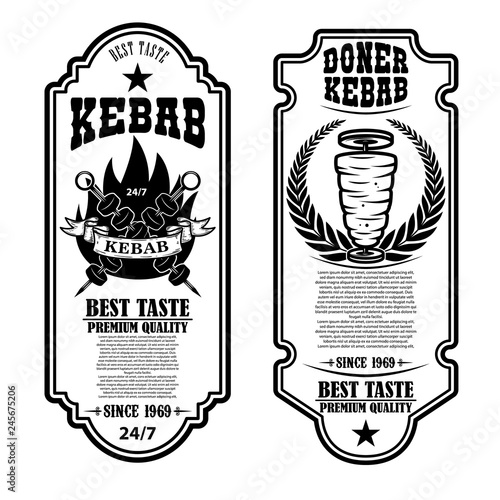 Set of vintage doner kebab flyer templates. Design element for logo, label, emblem, sign, badge.