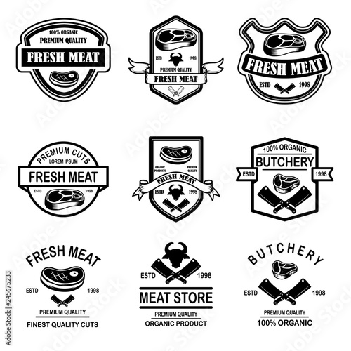Set of meat store, butchery emblems. Design element for logo, label, sign, poster, banner.