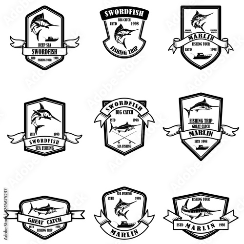Set of deep sea marlin fishing emblems. Design element for logo, label, emblem, sign.