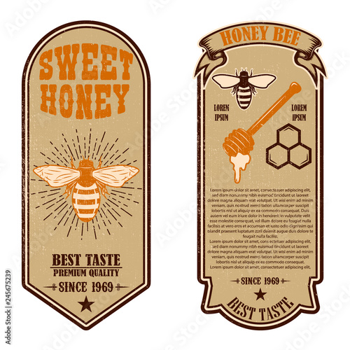 Vintage natural honey flyer templates. Design elements for logo, label, sign, badge.