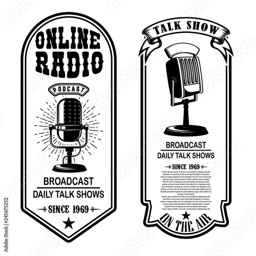 Set of vintage podcast, radio flyers with microphone. Design element for logo, label, sign, badge, poster.