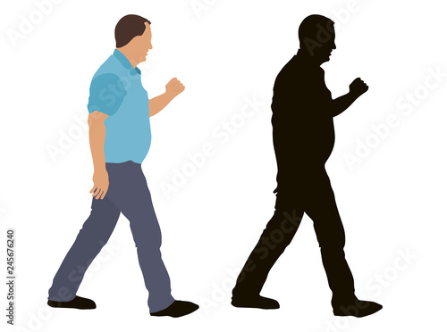 Walking man and silhouette, vector illustration, isolated on white background.