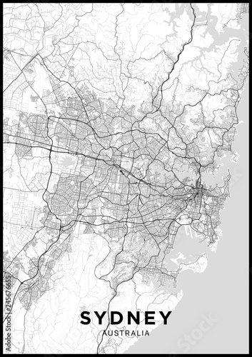 Naklejki na drzwi Mapa miasta Sydney (Australia)  Czarno-biały plakat z mapą Sydney  Schemat ulic i dróg Sydney 