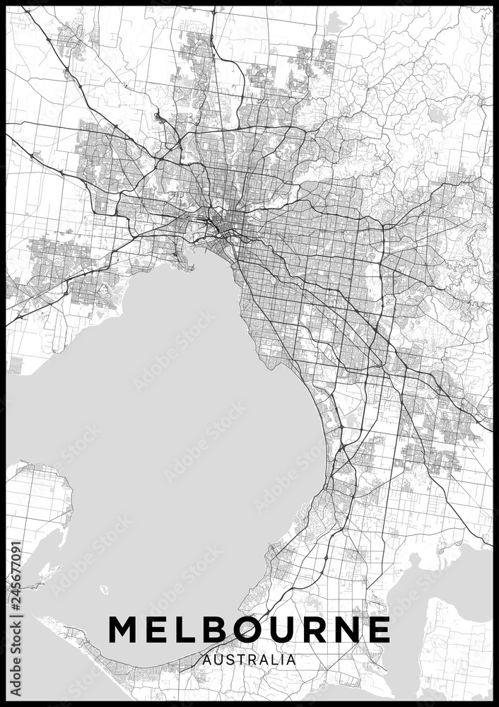 Naklejka premium Mapa miasta Melbourne (Australia). Czarno-biały plakat z mapą Melbourne. Schemat ulic i dróg Melbourne.