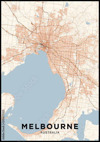 Melbourne (Australia) city map. Poster with map of Melbourne in color. Scheme of streets and roads of Melbourne.