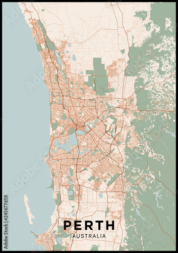Perth (Australia) city map. Poster with map of Perth in color. Scheme of streets and roads of Perth.