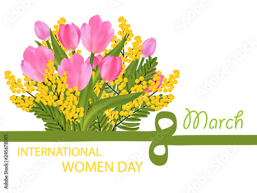 The Tulip and Mimosa bouquet, figure eight ribbon. Desing for March 8 International Women's Day with flowers. Vector