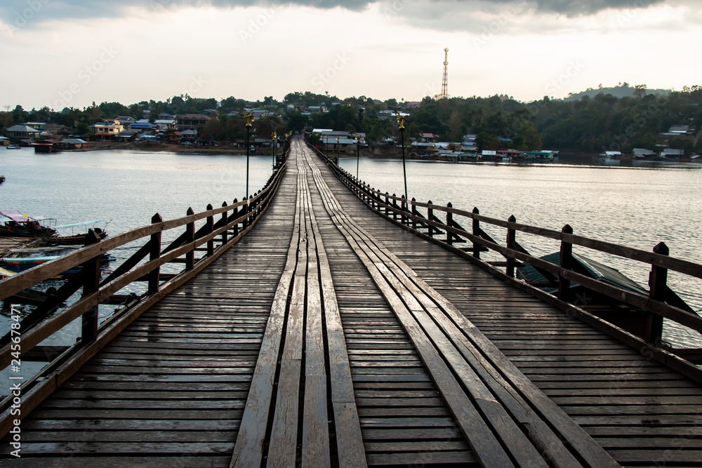 Landscape of Mon wooden bridge in Thailand