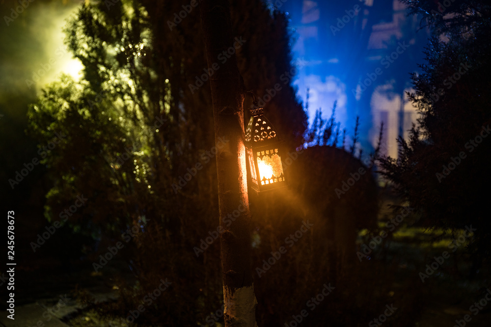 Beautiful colorful illuminated lamp in the garden in misty night. Retro style lantern at night outdoor. Beautiful colorful illuminated lamp in the garden in misty night. Retro style lantern at night outdoor.