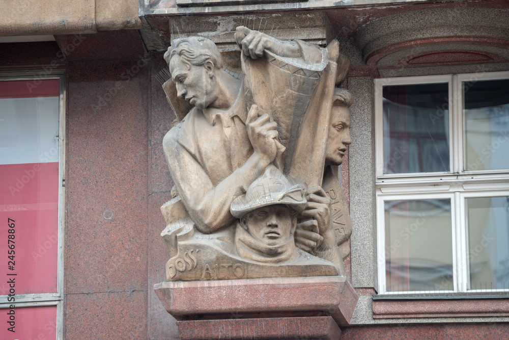 Facade  sculptures of old Rondocubism building in Prague, Czech Republic.