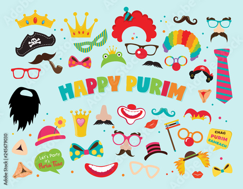 Design for Jewish holiday Purim with masks and traditional props. Vector illustration - Vector -Happy purim greeting in hebrew