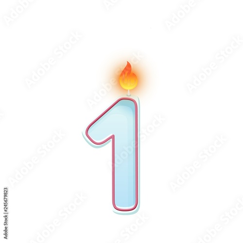 Candle number one. 1 symbol. Burning candle. Cartoon realistic vector candle number for Birthday cakes