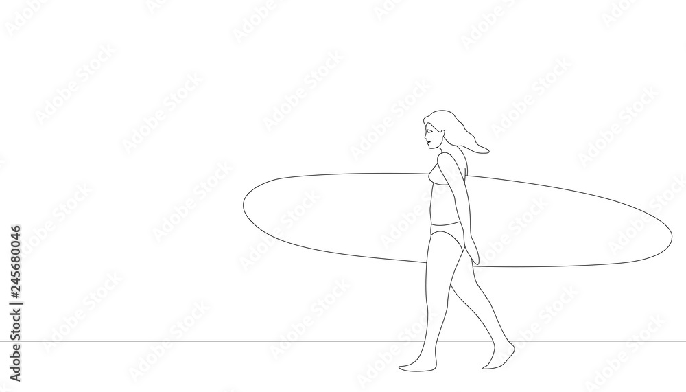 girl with surfboard vector illustration lining draw profile girl with surfboard vector illustration lining draw profile