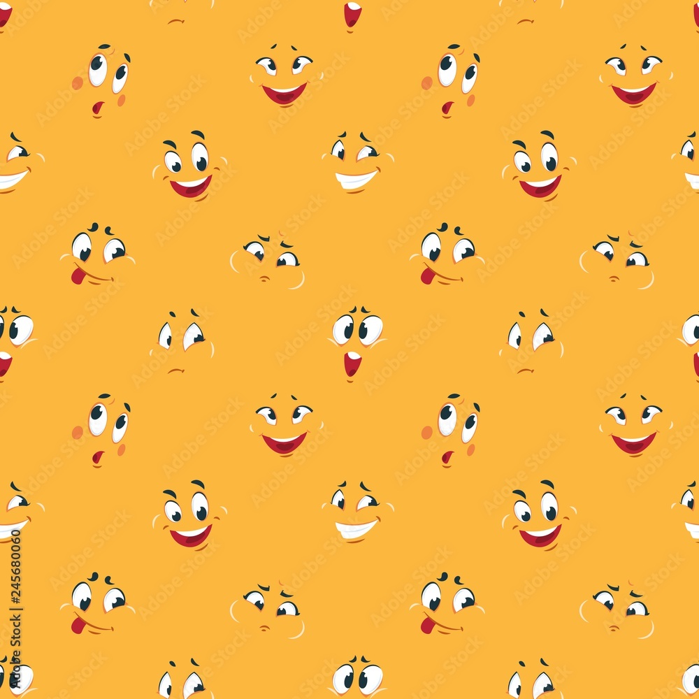 Cartoon smiley pattern. Funny crazy faces happy cute smile caricature fun  comic expressions Cartoons face vector seamless background Stock Vector |  Adobe Stock