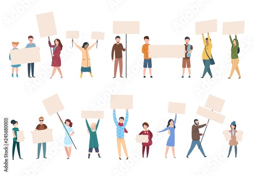 People protest. Male female activists with banners and placards in politics manifestation. Political activist vector characters set