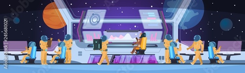 Spaceship futuristic interior. Spacecraft captain cabin with pioneer science team command and astronauts. Spaceman vector concept