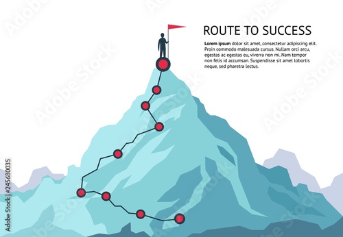 Mountain journey path. Route challenge infographic career top goal growth plan journey to success. Business climbing vector concept