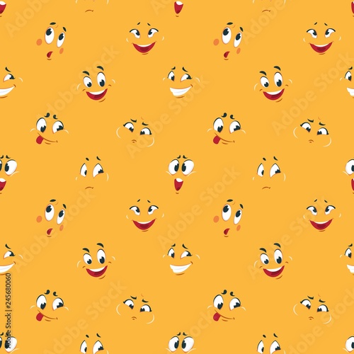 Cartoon smiley pattern. Funny crazy faces happy cute smile caricature fun comic expressions Cartoons face vector seamless background