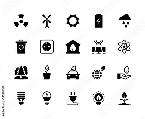 Alternative energy black icons. Renewable eco nature green water wind solar energy saving power plant factory. Clean energy vector set