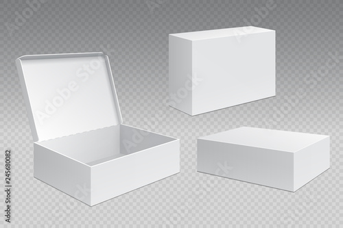 Realistic packaging boxes. White open cardboard pack, blank merchandising products mock up. Carton square container vector template