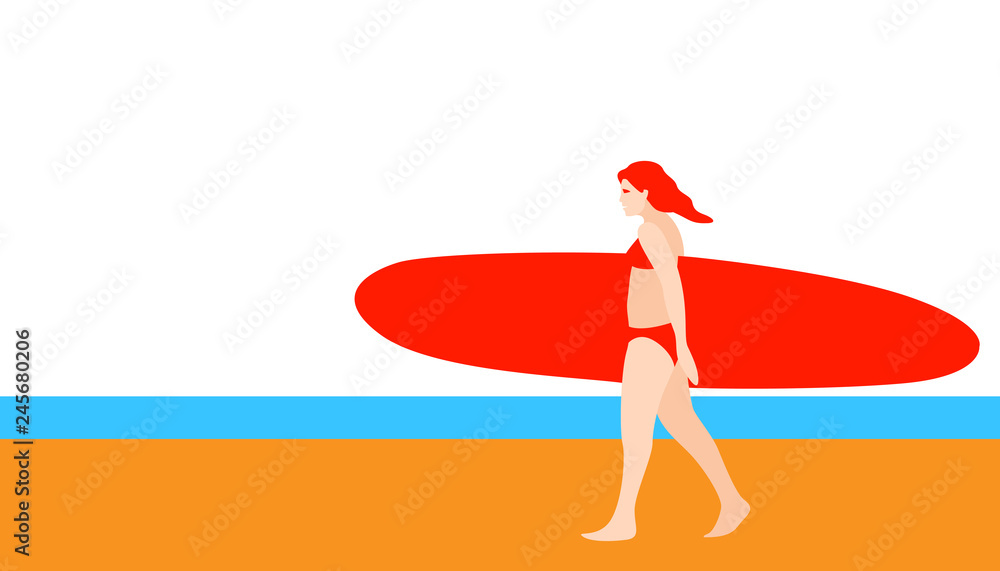 girl with a red surfboard vector illustration flat style profile side girl with a red surfboard vector illustration flat style profile side