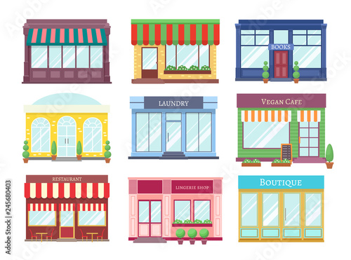 Store flat buildings. Cartoon shop facade with showcase boutique retail building storefront restaurant houses. Shopping vector set