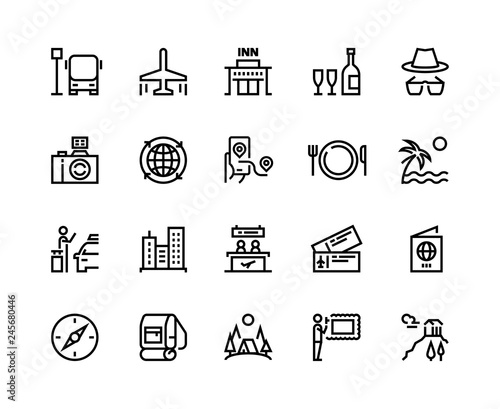 Travel line icons. Vacation plane tourism summer airplane luggage forest adventure, museum restaurants and shopping tour vector set
