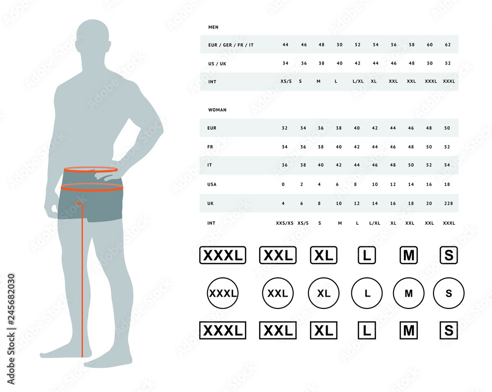 Measurements for clothing. Vector illustration of the dimensions of the  male waist and hips. Size chart for men. Model template with international  sizes can be used for male linen, clothes Stock Vector