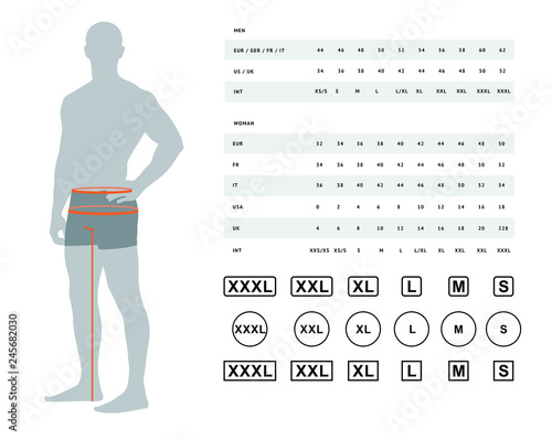 Measurements for clothing. Vector illustration of the dimensions of the male waist and hips. Size chart for men. Model template with international sizes can be used for male linen, clothes