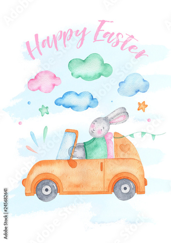Watercolor happy easter cute bunny on car with clouds