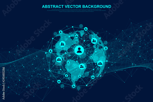 Global structure networking and data connection concept. Social network communication in the global computer networks. Internet technology. Business. Science. Vector illustration