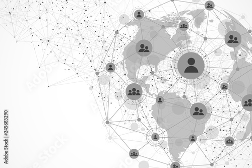 Global structure networking and data connection concept. Social network communication in the global computer networks. Internet technology. Business. Science. Vector illustration