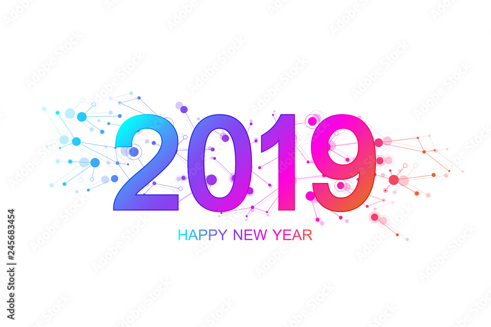 Merry Christmas and Happy New Year 2019 greeting card. Modern futuristic template for 2019. Waves flow, lines, particles, dots. Vector illustration Merry Christmas and Happy New Year 2019 greeting card. Modern futuristic template for 2019. Waves flow, lines, particles, dots. Vector illustration