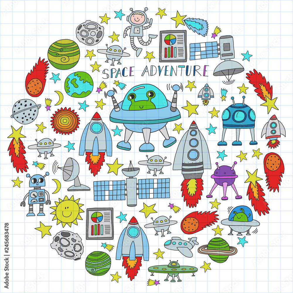 Vector set of space elements icons in doodle style. Painted, colorful, on a sheet of checkered paper on a white background. Vector set of space elements icons in doodle style. Painted, colorful, on a sheet of checkered paper on a white background.