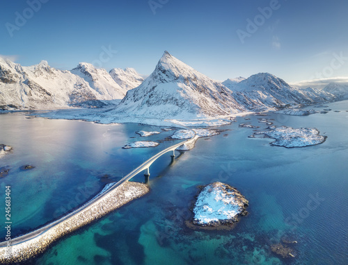 Aerial view on the Lofoten islands, Norway. Natural landscape from drone. Bri...